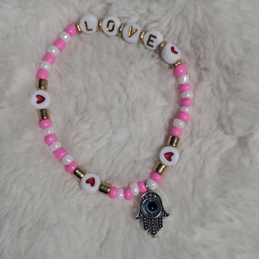 Pink and White Beaded Bracelet with Hamsa Charm